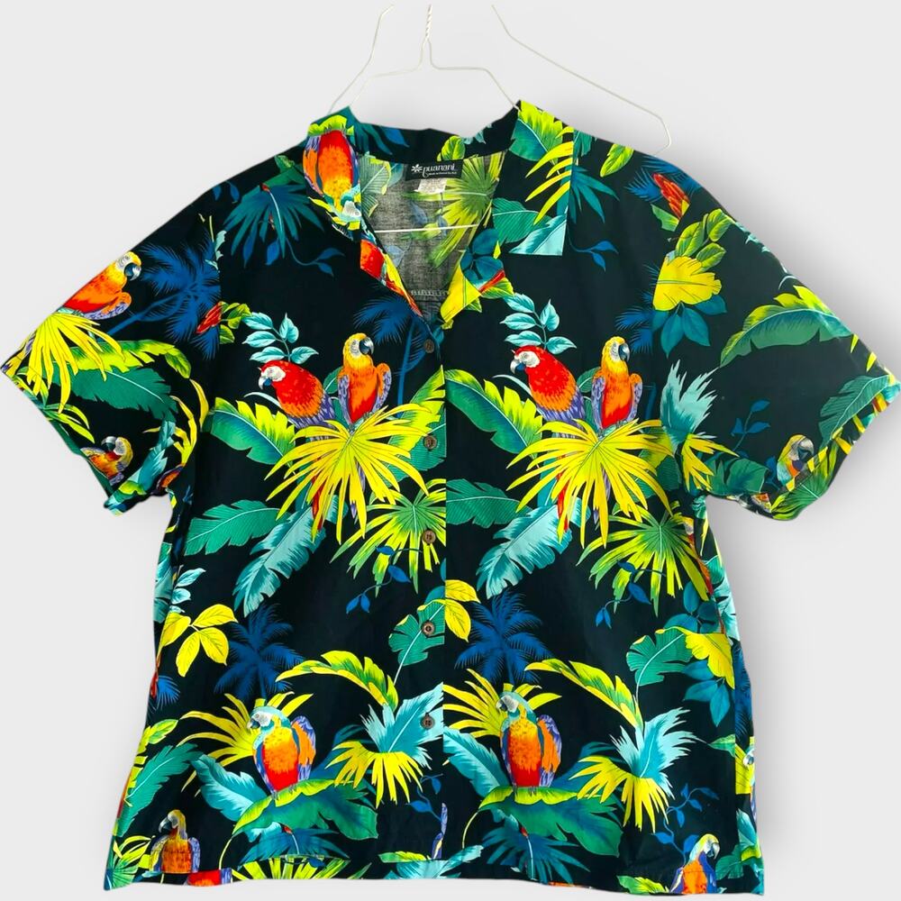 Puanani Hawaiian Shirt Button Down Short Sleeves Parrot Print Leaves Cotton XXL